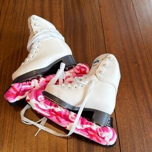 White Kids Figure Skates with Pink Blade Covers